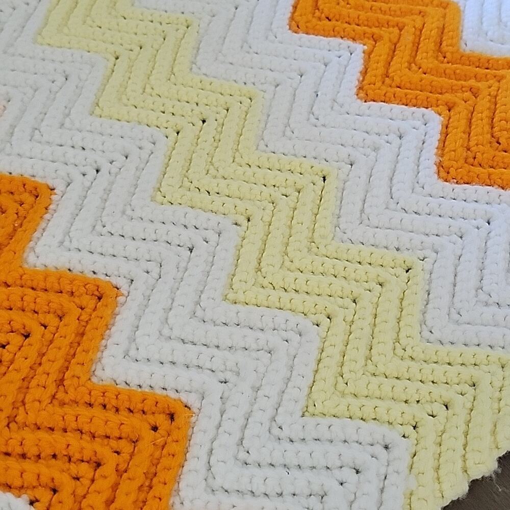 Vintage Handmade Chevron Orange Yellow and White Crocheted Blanket